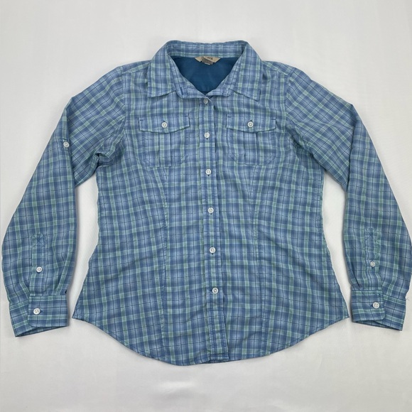 Duluth Trading Shirt Women’s S Blue Plaid Nylon Vented Long Sleeve Button Up - Picture 1 of 7